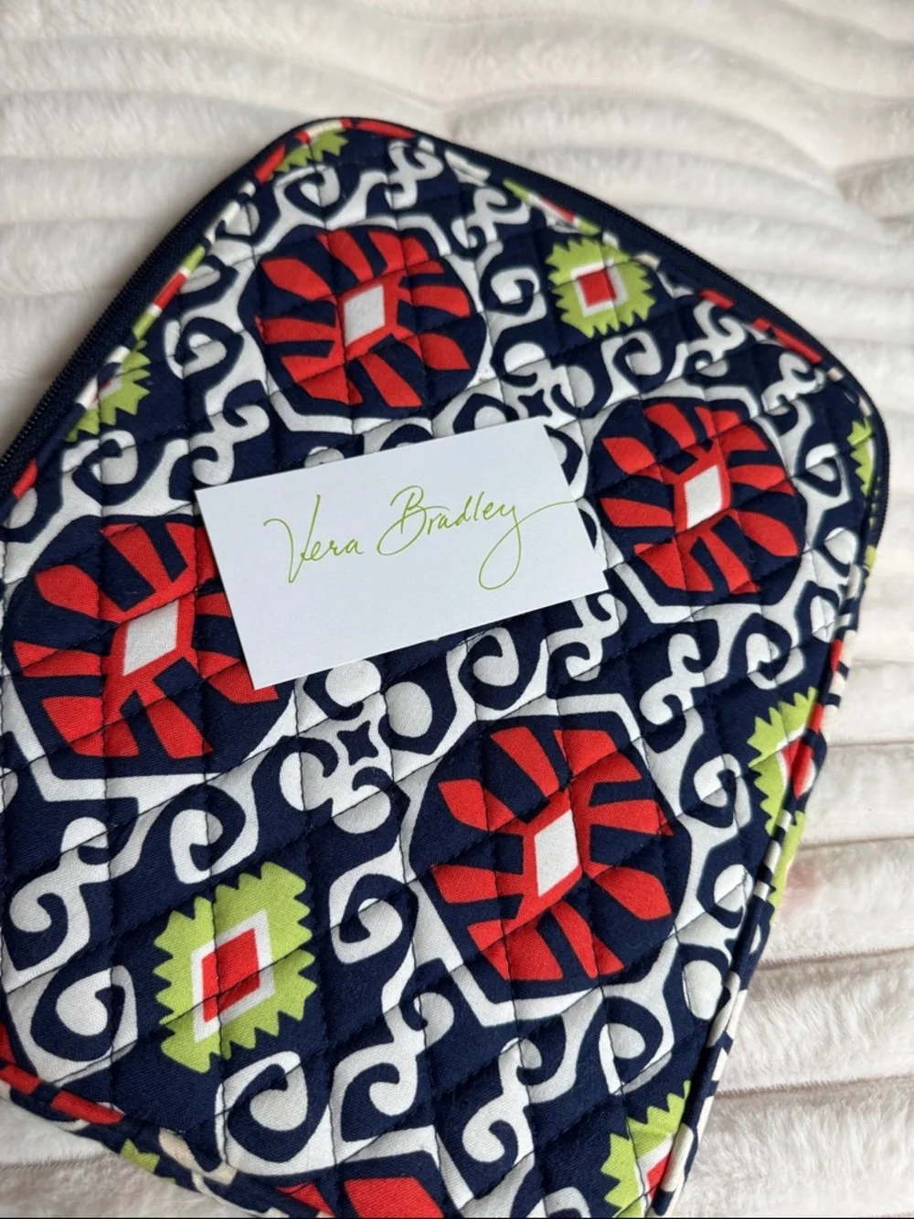 Vera Bradley Navy Quilted Zip Pouch with Red, Lime & White Motif